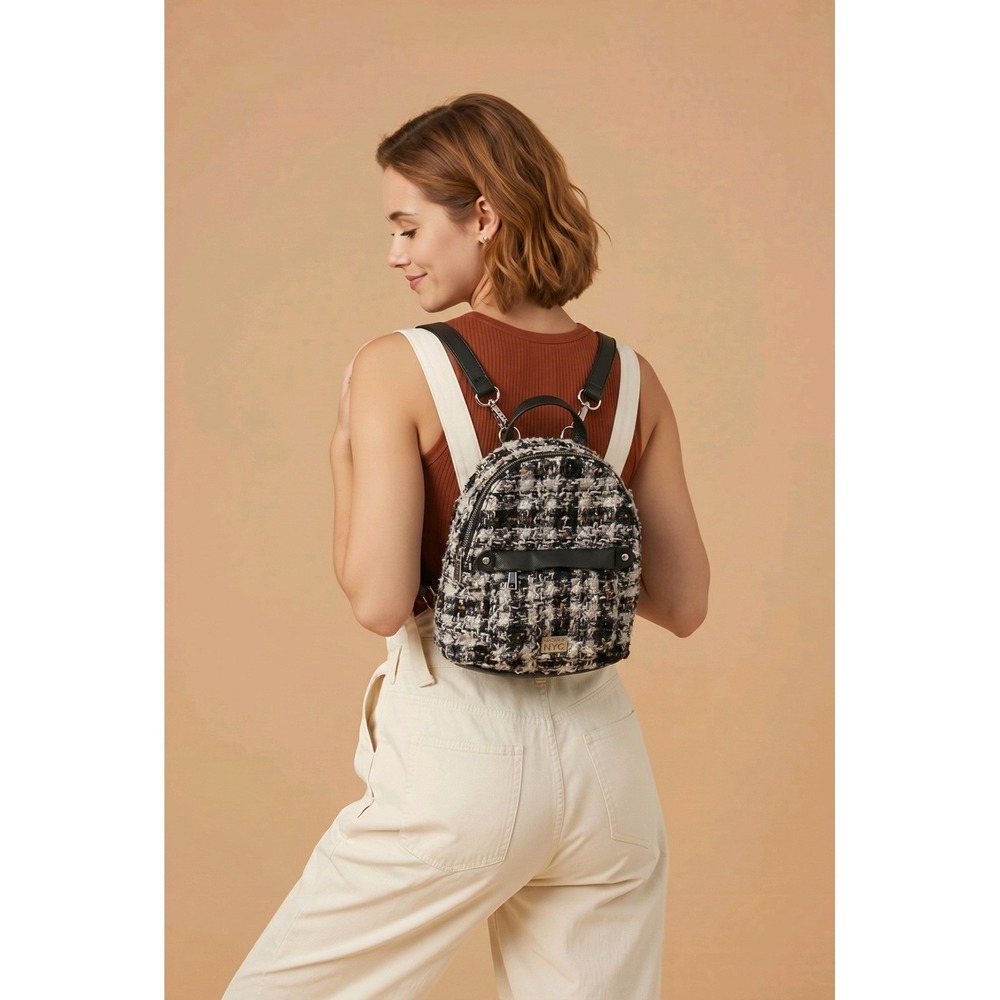 MADDEN NYC Mini Backpack Women's‎ Black Multi Tweed Convertible Adjustable Strap